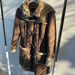 Y2K Taupe Beige Faux Suede & Shearling Hooded Duffle Coat Size Large